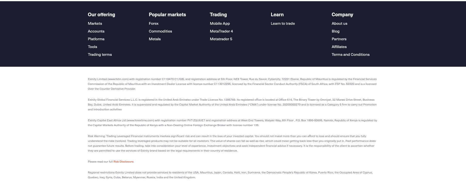 Pie legal de FXTM con la entidad Exinity Limited, consultado desde México en septiembre de 2026