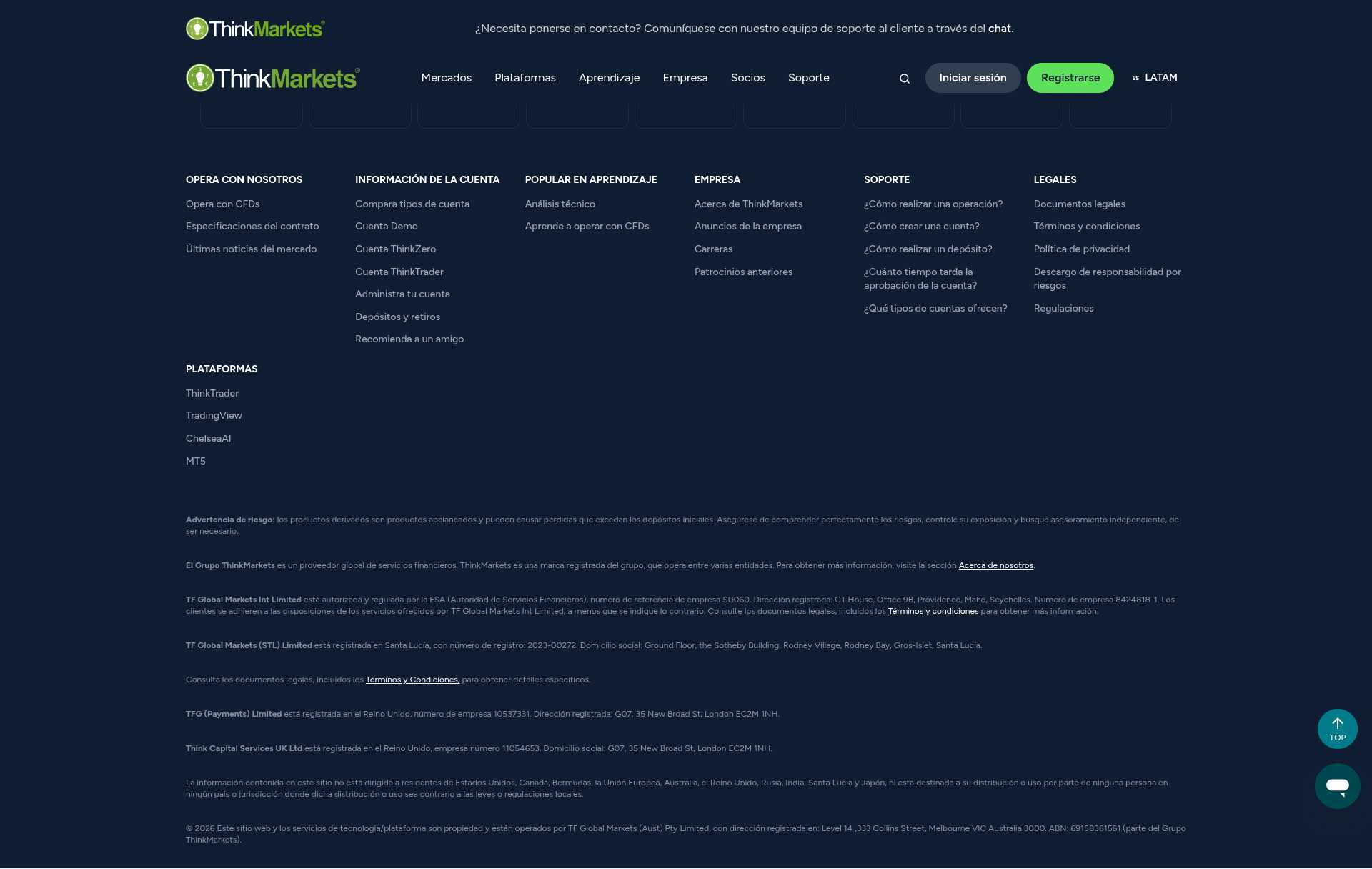 Pie legal de ThinkMarkets con la entidad TF Global Markets Int Limited, consultado desde México en septiembre de 2026