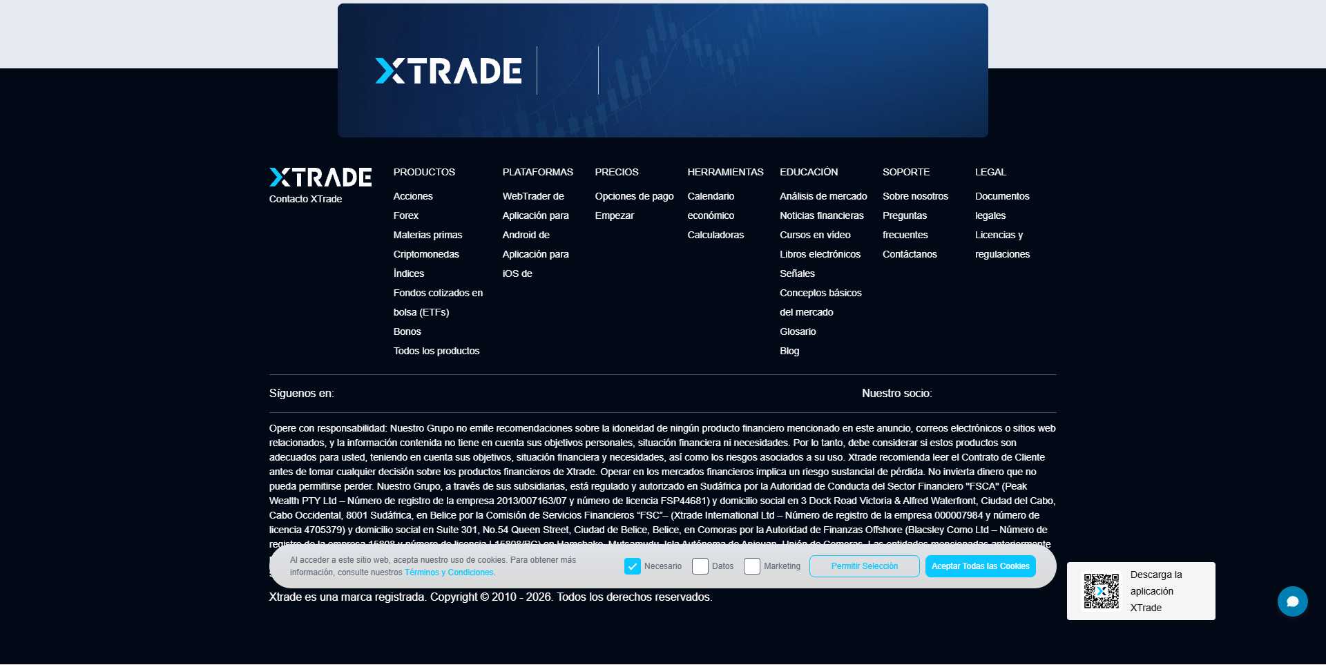 Pie legal del sitio global de Xtrade con sus entidades de Sudáfrica, Belice y Anjouan, consultado desde México en septiembre de 2026