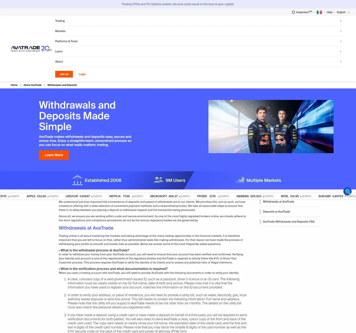 Página de depósitos y retiros de AvaTrade en septiembre de 2026