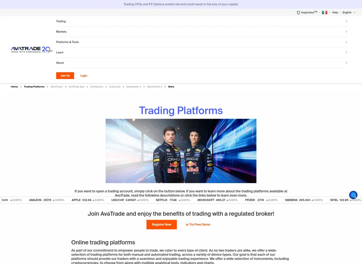 Página de plataformas de trading de AvaTrade en septiembre de 2026
