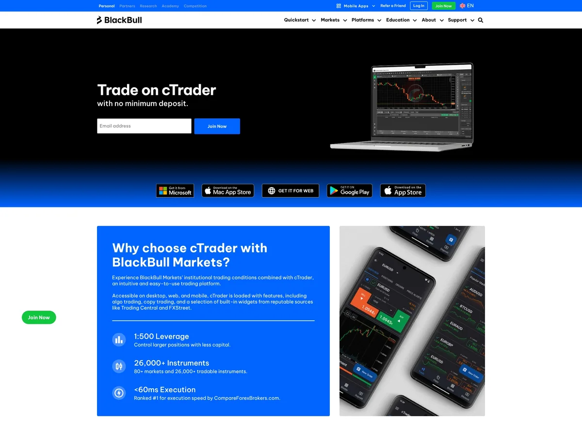 Página de plataformas de trading de BlackBull Markets en septiembre de 2026