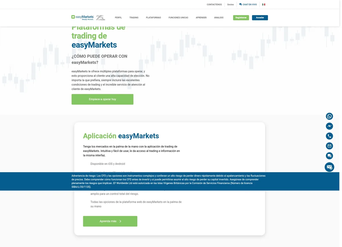 Página de plataformas de trading de easyMarkets en septiembre de 2026