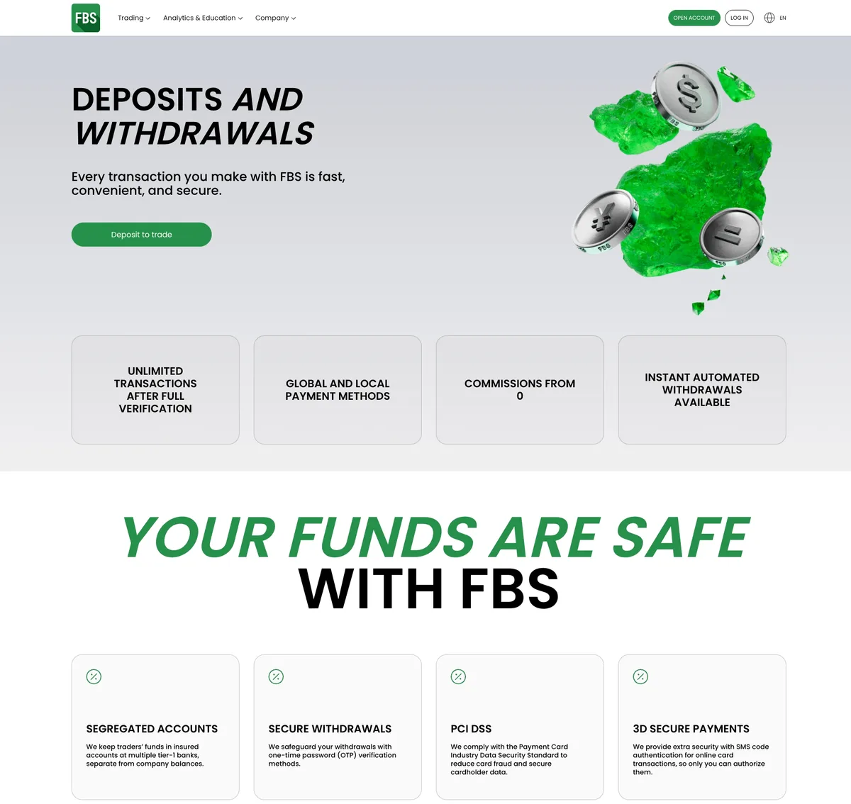 Página de depósitos y retiros de FBS en septiembre de 2026