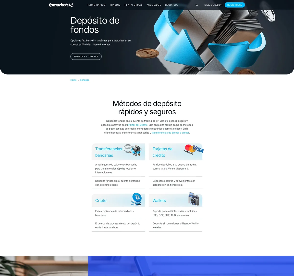 Página de depósitos y retiros de FP Markets en septiembre de 2026