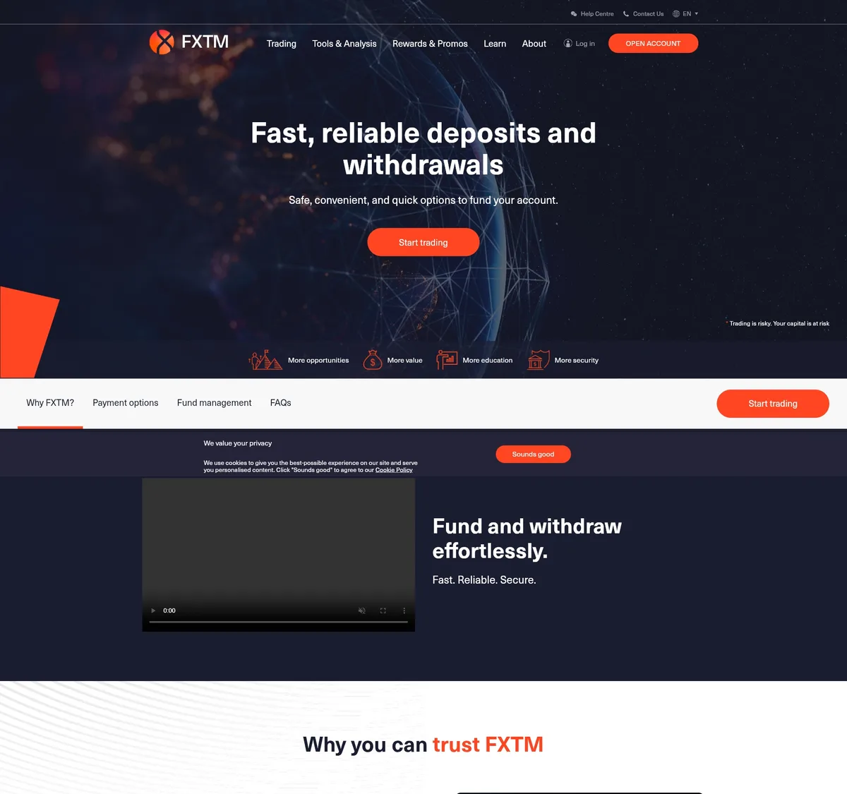 Página de depósitos y retiros de FXTM en septiembre de 2026