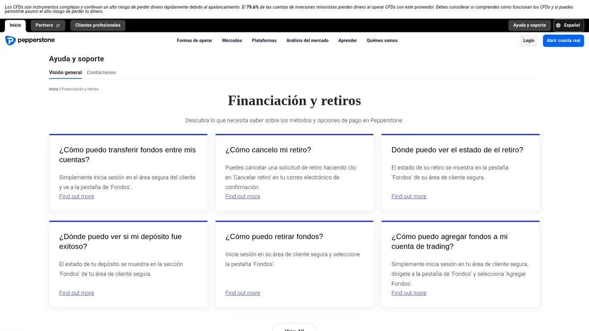Página de depósitos y retiros de Pepperstone en septiembre de 2026