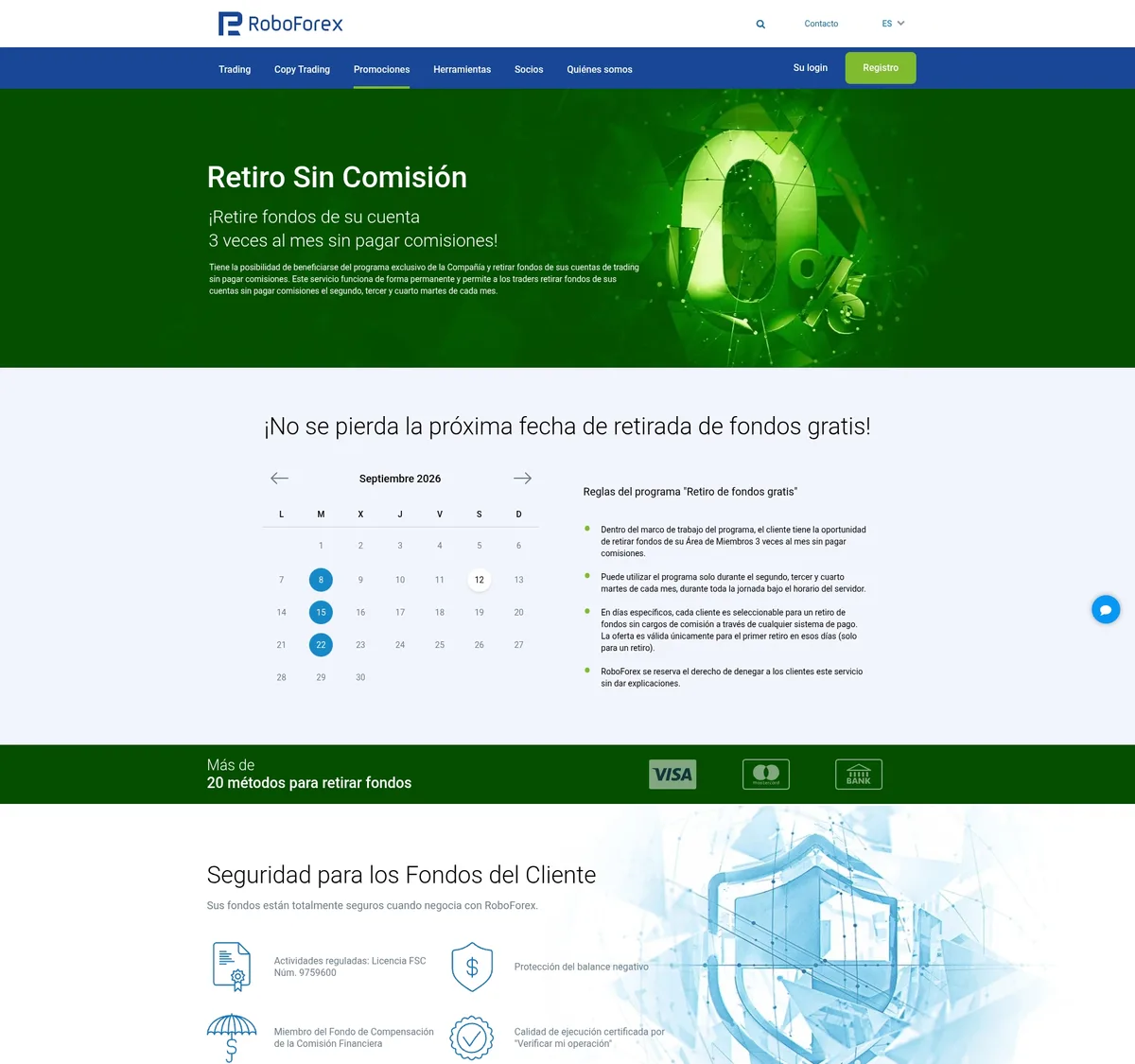 Página de depósitos y retiros de RoboForex en septiembre de 2026