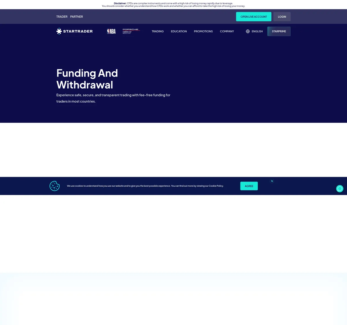 Página de depósitos y retiros de StarTrader en septiembre de 2026
