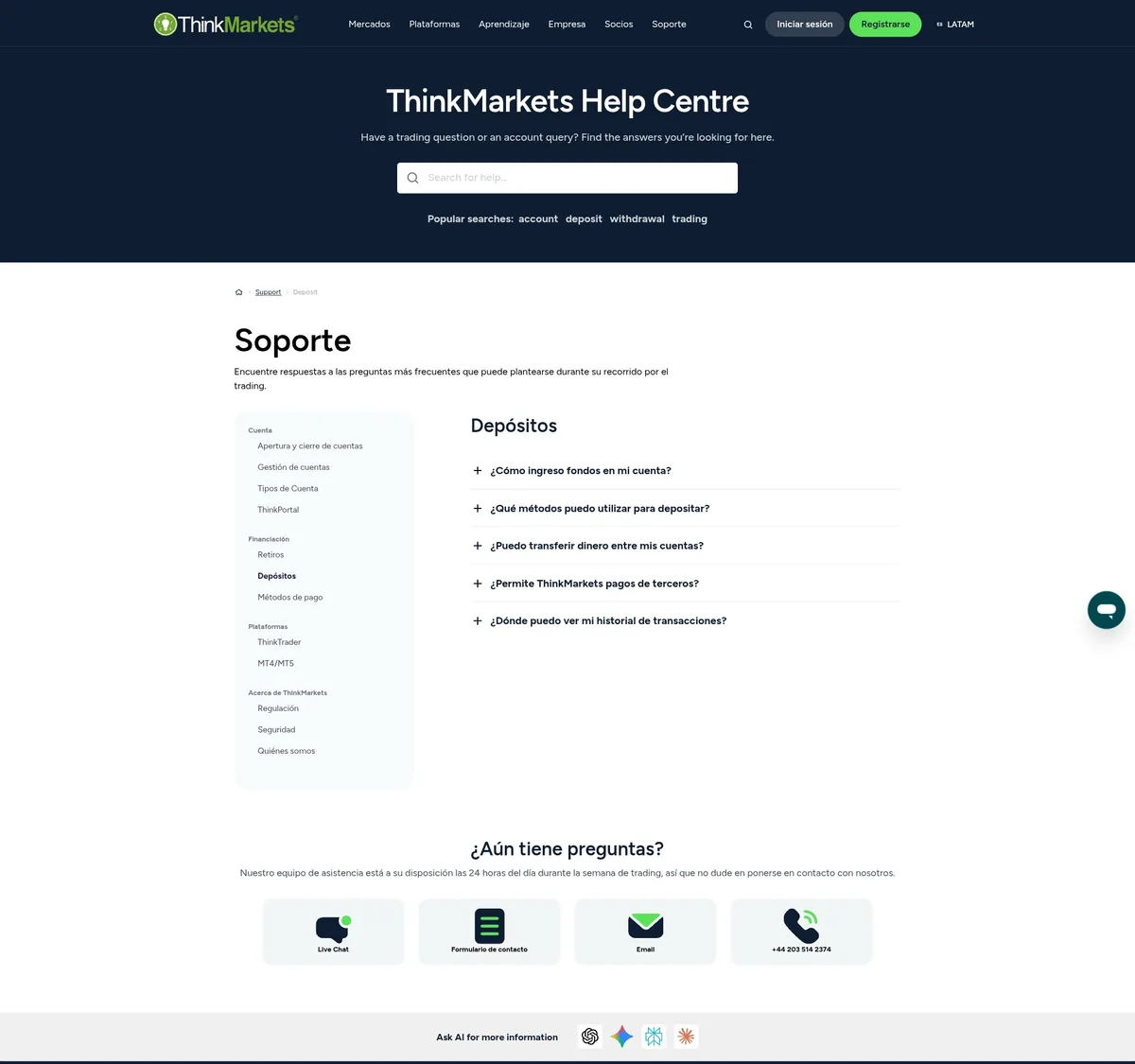Página de depósitos y retiros de ThinkMarkets en septiembre de 2026