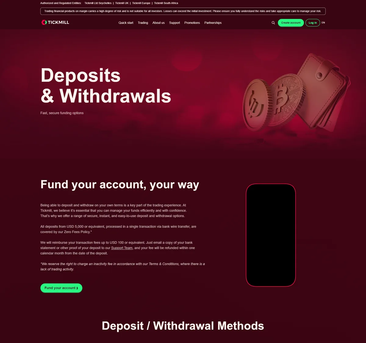 Página de depósitos y retiros de Tickmill en septiembre de 2026