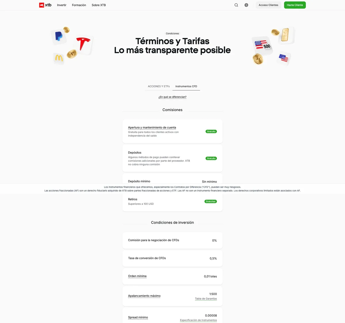 Página de precios de XTB en septiembre de 2026
