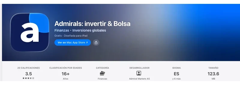 Página de la App Store de México de Admirals, capturada el 10 sep 2026.
