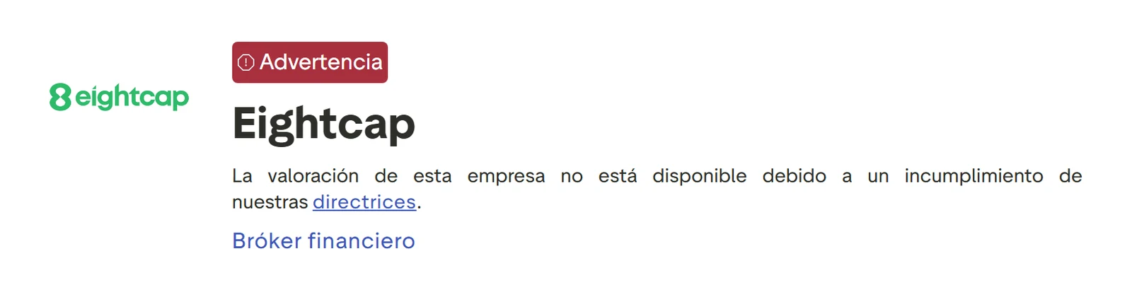 Perfil de Trustpilot de Eightcap capturado el 10 sep 2026; la cifra es la mostrada ese día y se recaptura mensualmente.