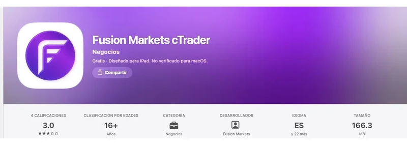 Ficha de la App Store de México de la aplicación de Fusion Markets, capturada el 10 sep 2026.