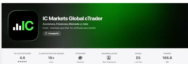 Página de la App Store de México de IC Markets Global cTrader, capturada el 10 sep 2026.