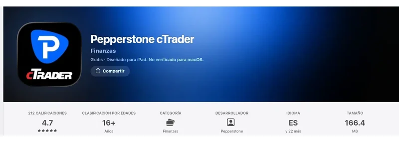 Página de la App Store de México de Pepperstone cTrader, capturada el 10 sep 2026.