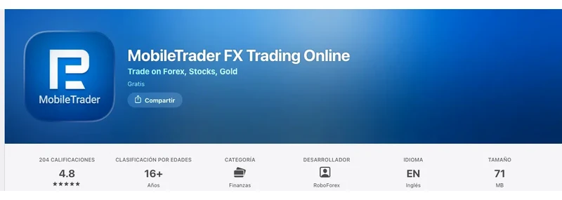 Ficha de la App Store de México de la aplicación de RoboForex, capturada el 10 sep 2026.