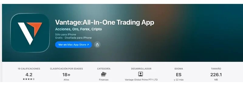 Ficha de la App Store de México de la aplicación de Vantage, capturada el 10 sep 2026.