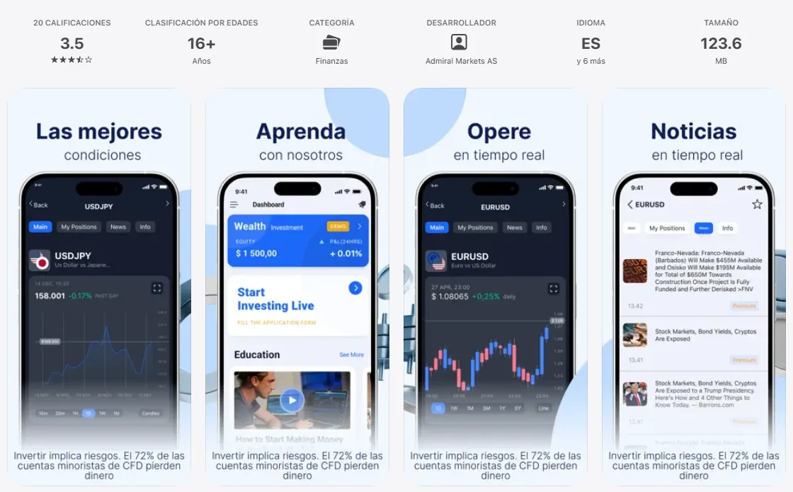 Ficha de la App Store de México de la aplicación de Admirals, capturada el 1 oct 2026.
