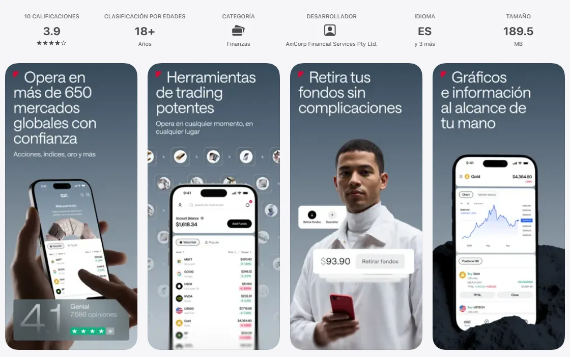 Ficha de la App Store de México de la aplicación de Axi, capturada el 1 oct 2026.