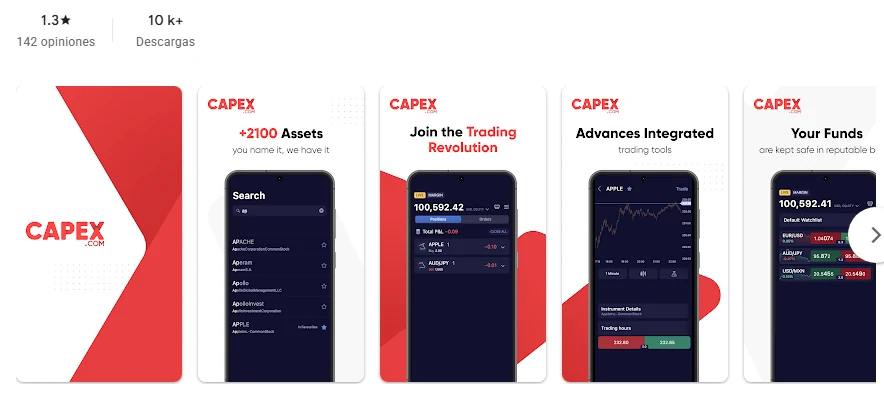 Ficha de Google Play de la aplicación de Capex tal como se ve en México, capturada el 1 oct 2026.