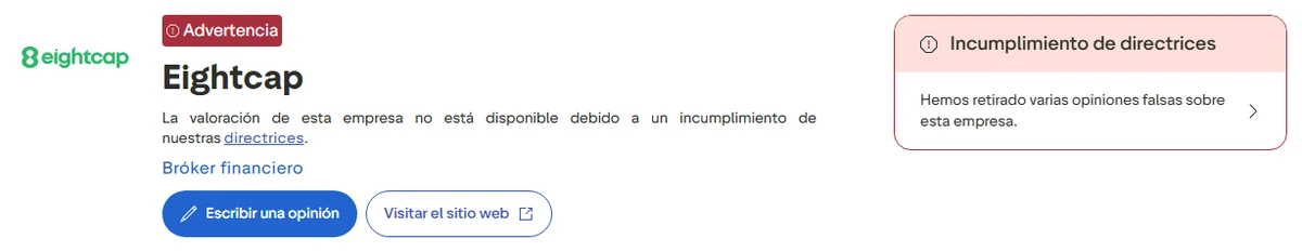 Perfil de Trustpilot de Eightcap capturado el 1 oct 2026; la cifra es la mostrada ese día y se recaptura mensualmente.