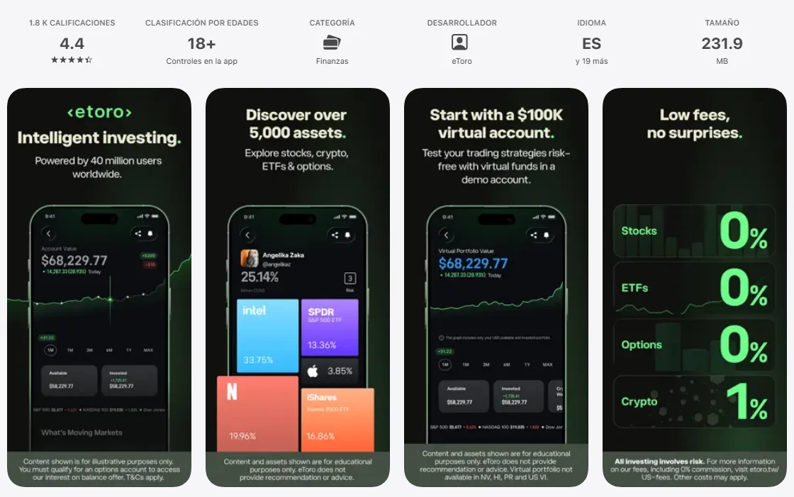 Ficha de la App Store de México de la aplicación de eToro, capturada el 1 oct 2026.