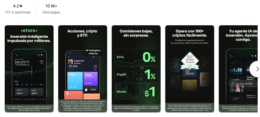 Ficha de Google Play de la aplicación de eToro tal como se ve en México, capturada el 1 oct 2026.