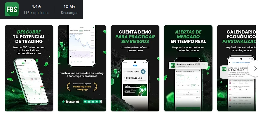 Ficha de Google Play de la aplicación de FBS tal como se ve en México, capturada el 1 oct 2026.
