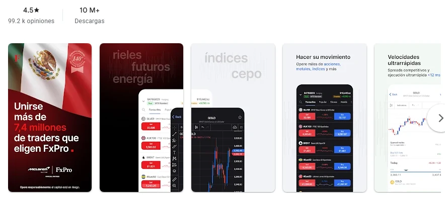 Ficha de Google Play de la aplicación de FxPro tal como se ve en México, capturada el 1 oct 2026.