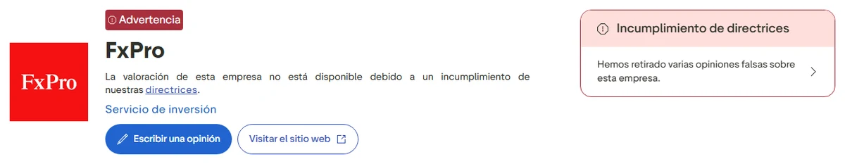 Perfil de Trustpilot de FxPro capturado el 1 oct 2026; la cifra es la mostrada ese día y se recaptura mensualmente.