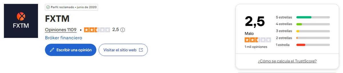 Perfil de Trustpilot de FXTM capturado el 1 oct 2026; la cifra es la mostrada ese día y se recaptura mensualmente.