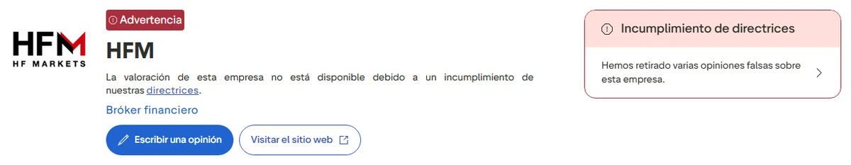 Perfil de Trustpilot de HFM capturado el 1 de octubre de 2026; la cifra es la mostrada ese día y se recaptura mensualmente.