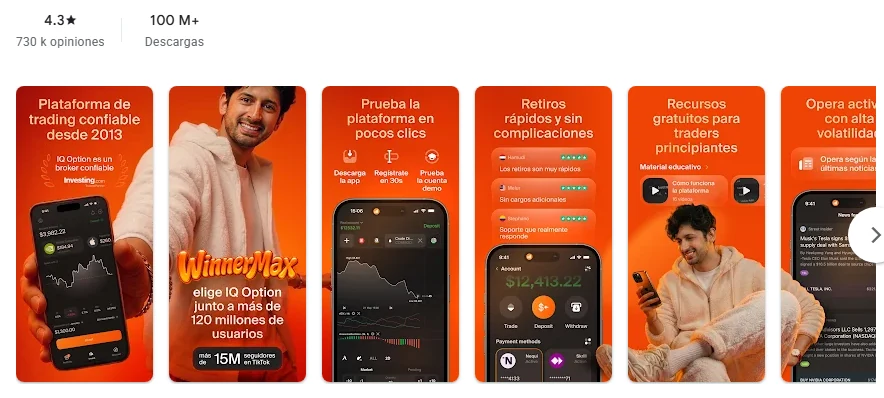 Ficha de Google Play de la aplicación de IQ Option tal como se ve en México, capturada el 1 oct 2026.