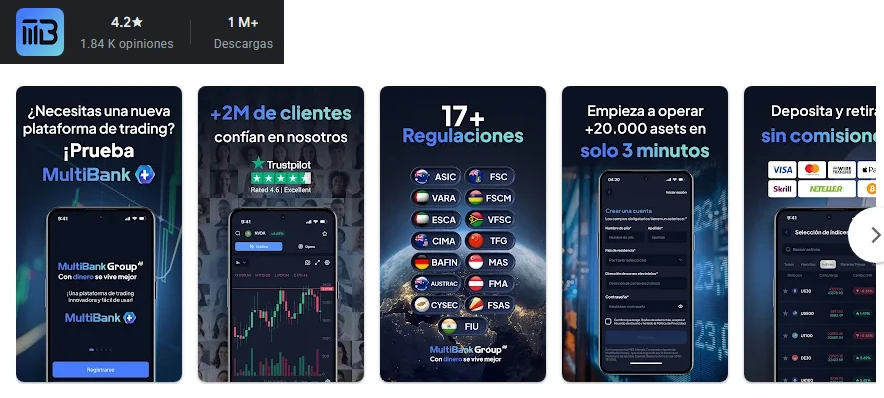 Ficha de Google Play de la aplicación de Multibank Group tal como se ve en México, capturada el 1 oct 2026.