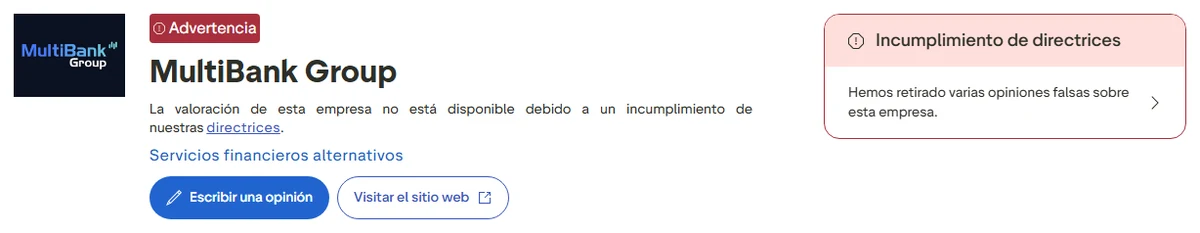 Perfil de Trustpilot de Multibank Group capturado el 1 oct 2026; la cifra es la mostrada ese día y se recaptura mensualmente.