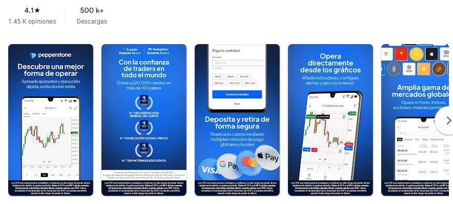 Ficha de Google Play de la aplicación de Pepperstone tal como se ve en México, capturada el 1 oct 2026.