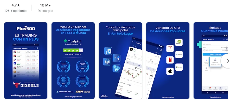Ficha de Google Play de la aplicación de Plus500 tal como se ve en México, capturada el 1 oct 2026.