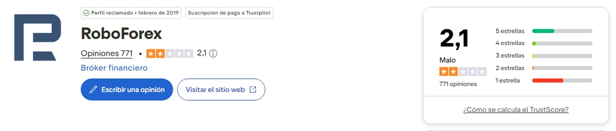 Perfil de Trustpilot de RoboForex capturado el 1 oct 2026; la cifra es la mostrada ese día y se recaptura mensualmente.