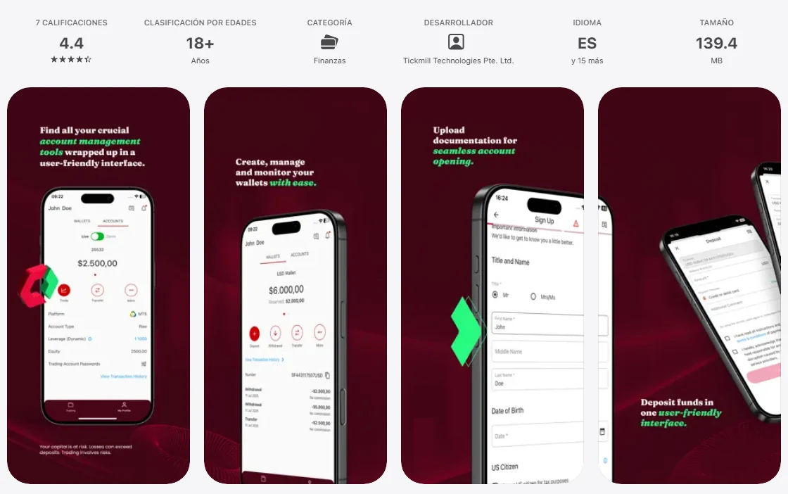 Ficha de la App Store de México de la aplicación de Tickmill, capturada el 1 oct 2026.