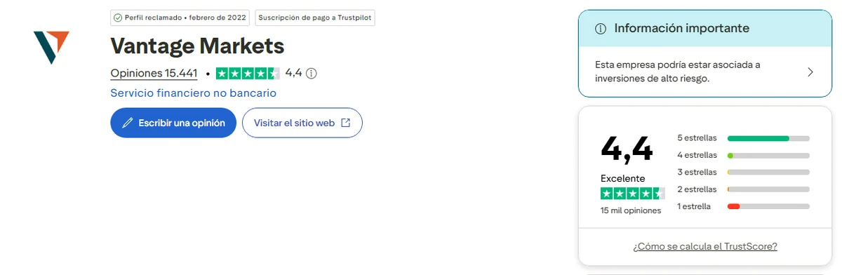 Perfil de Trustpilot de Vantage capturado el 1 oct 2026; la cifra es la mostrada ese día y se recaptura mensualmente.