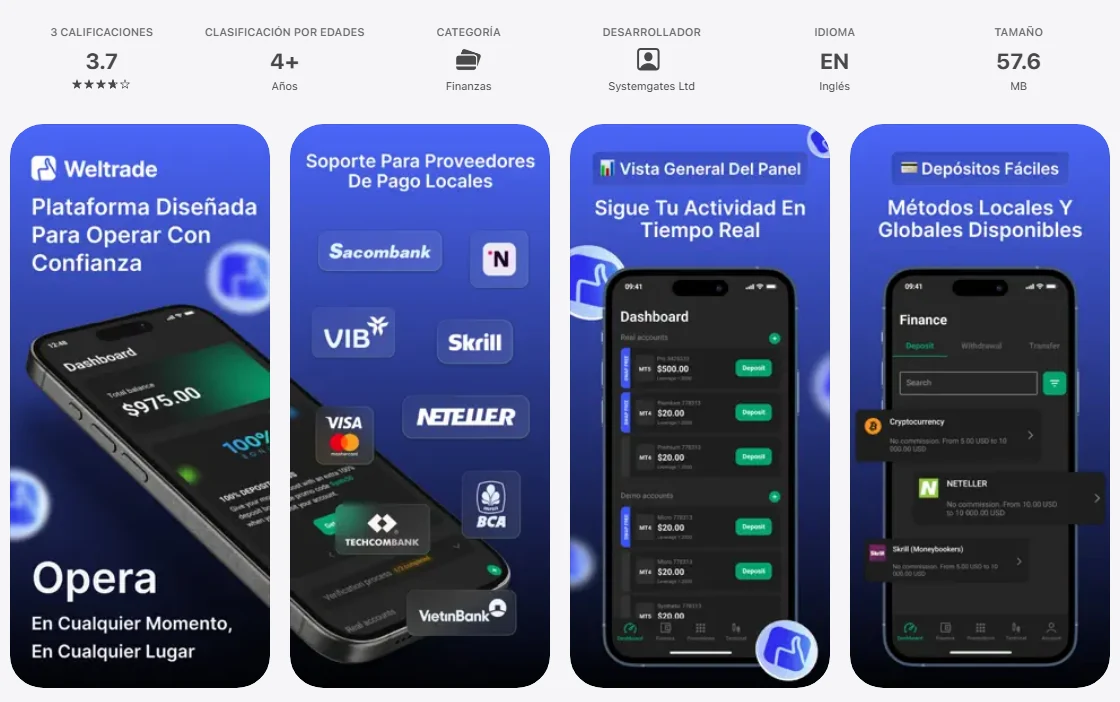Ficha de la App Store de México de la aplicación de Weltrade, capturada el 1 oct 2026.