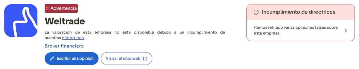 Perfil de Trustpilot de Weltrade capturado el 1 oct 2026; la cifra es la mostrada ese día y se recaptura mensualmente.