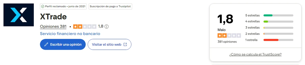 Perfil de Trustpilot de Xtrade capturado el 1 oct 2026; la cifra es la mostrada ese día y se recaptura mensualmente.
