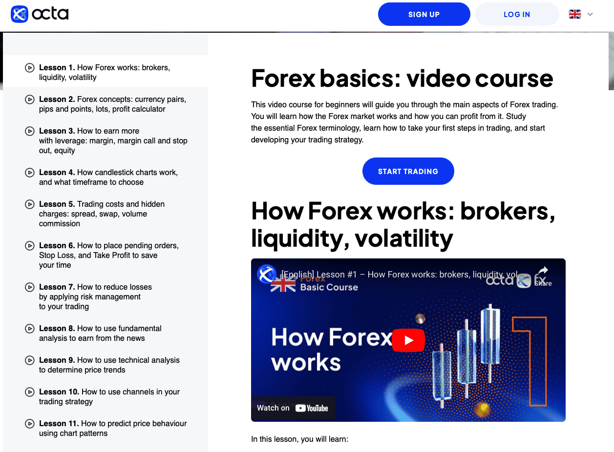 Curso básico en video de trading de forex con Octa