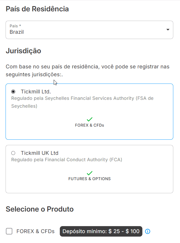 Seção País de Residência na abertura de conta da Tickmill