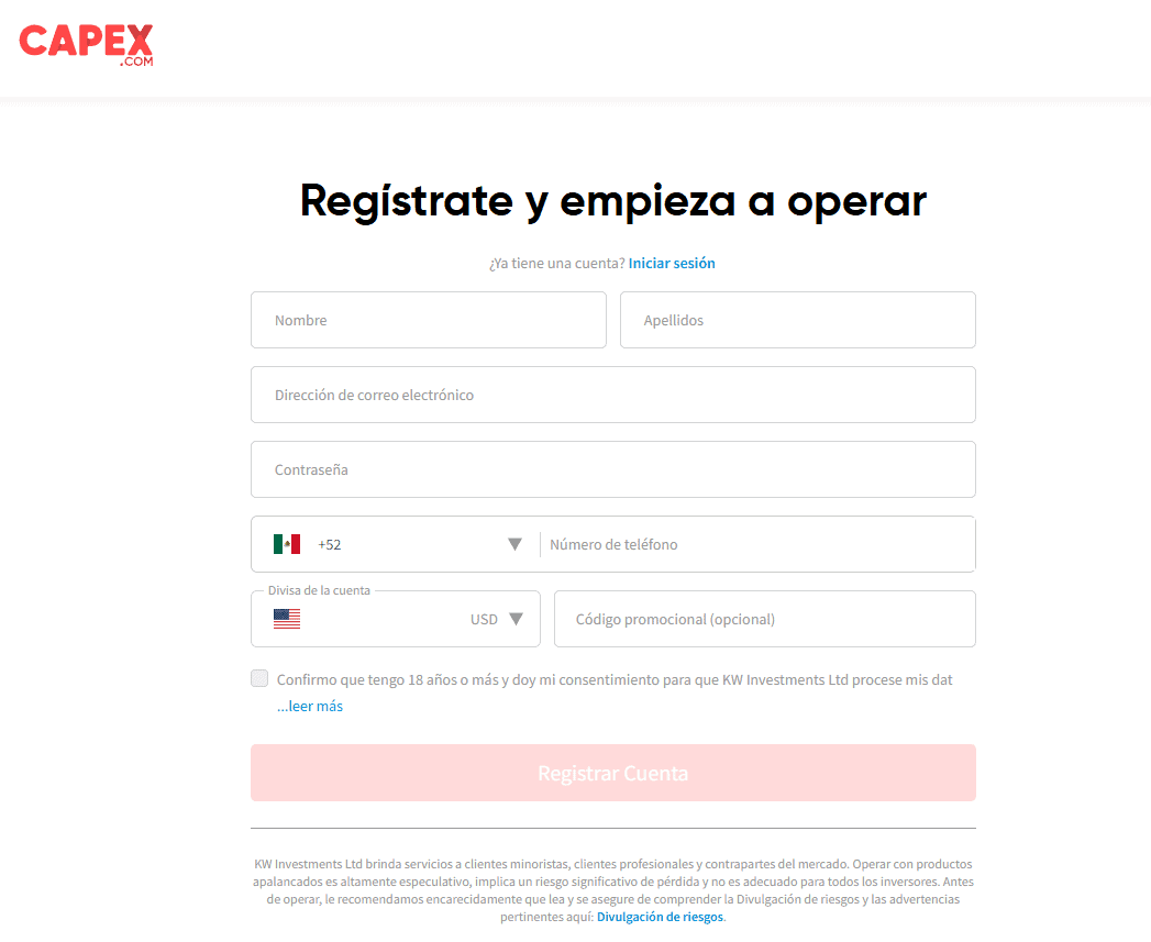 Página de registro de Capex