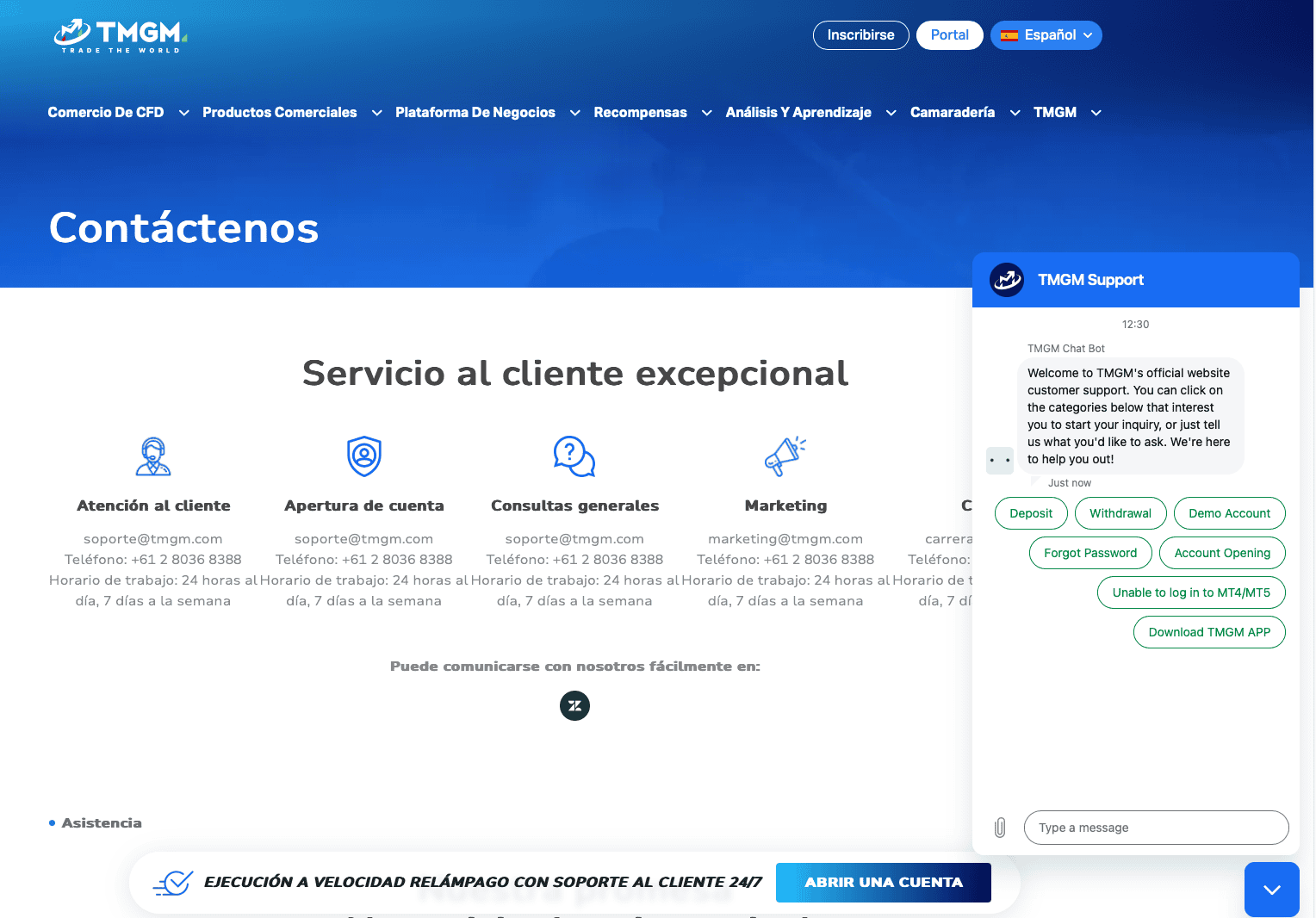 Chat de soporte para clientes de TMGM
