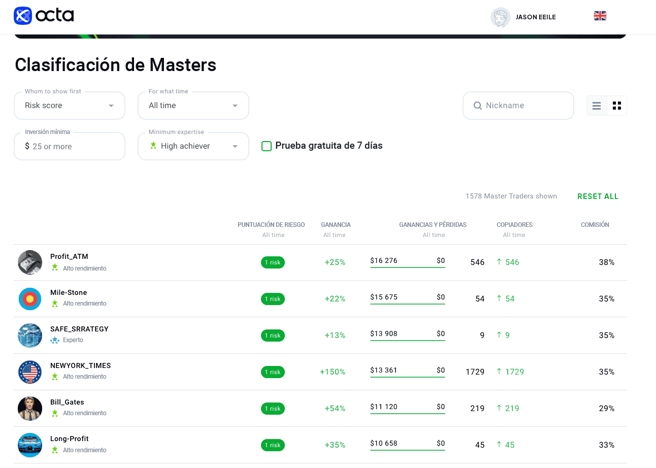 Filtros de búsqueda en OctaFX Copy